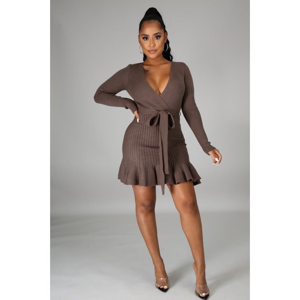 Mocha Long Sleeve Tie Waist Mini Dress #1727 - Picture 2 of 5